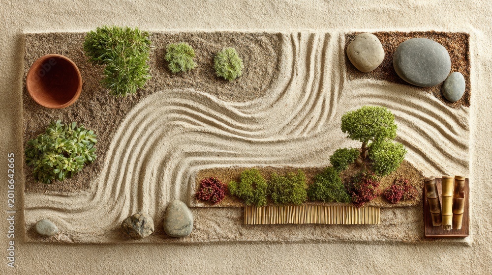 Obraz premium Serene Zen Garden with Sand Patterns, Stones, Greenery, and Decorative Elements for Tranquil Spaces
