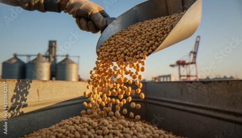 Schilderij op canvas A gloved hand uses a scoop to pour freshly harvested soybeans into a container, with large grain silos and a port crane in the background