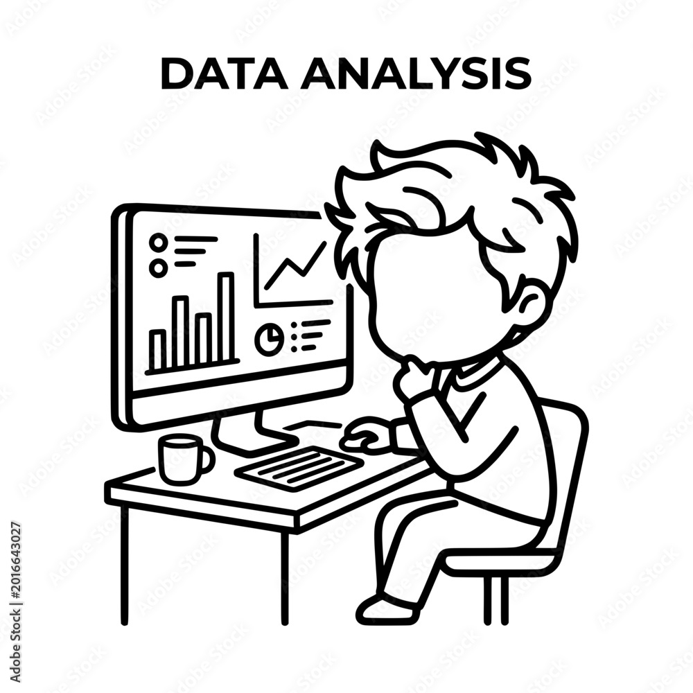 Fototapeta premium Cartoon Data Analyst Working on Computer with Charts and Graphs.