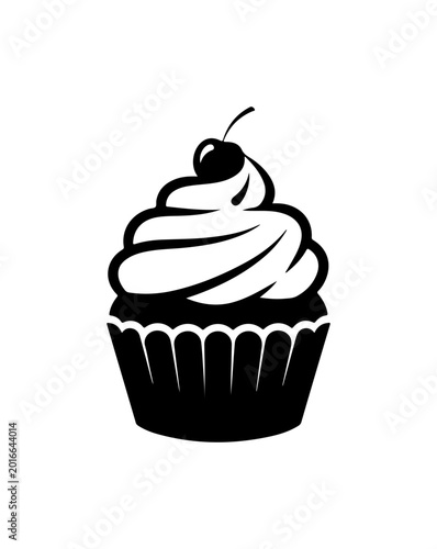 Black Bold Silhouette Cupcake with Cherry Topping - Clean Vector Art