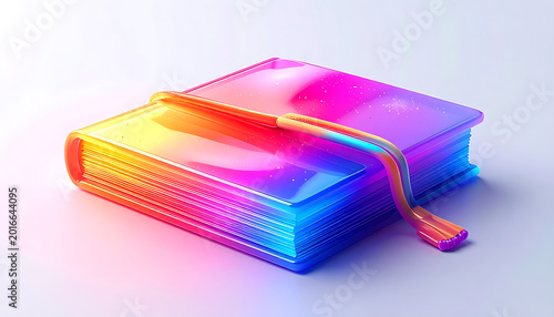 pixelated book with rainbow gradient cover and ribbon bookmark, digital illustration on a light gray background