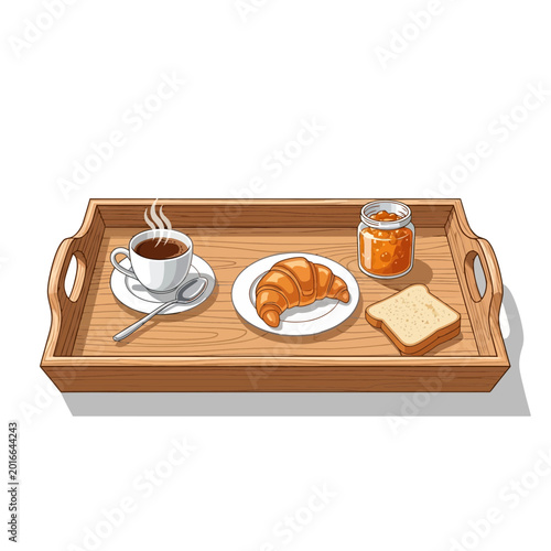 Breakfast tray with coffee, croissant, toast, and jam