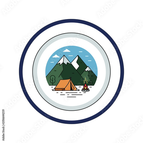 Camping scene with tent, campfire, and mountains in a circle