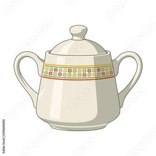 Ceramic sugar bowl with decorative band and handles