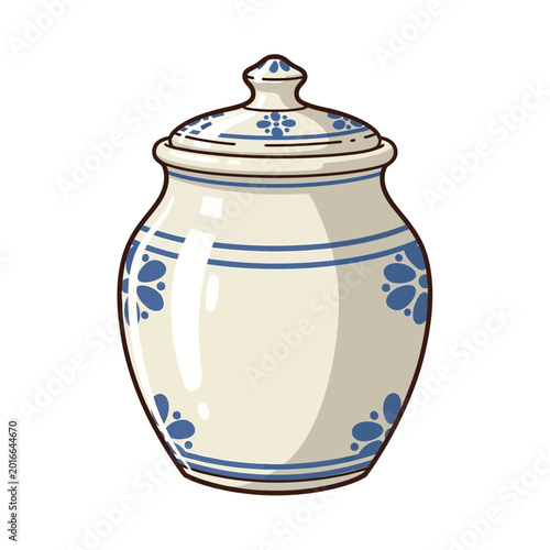 Vintage ceramic jar with blue floral pattern, isolated on white background.