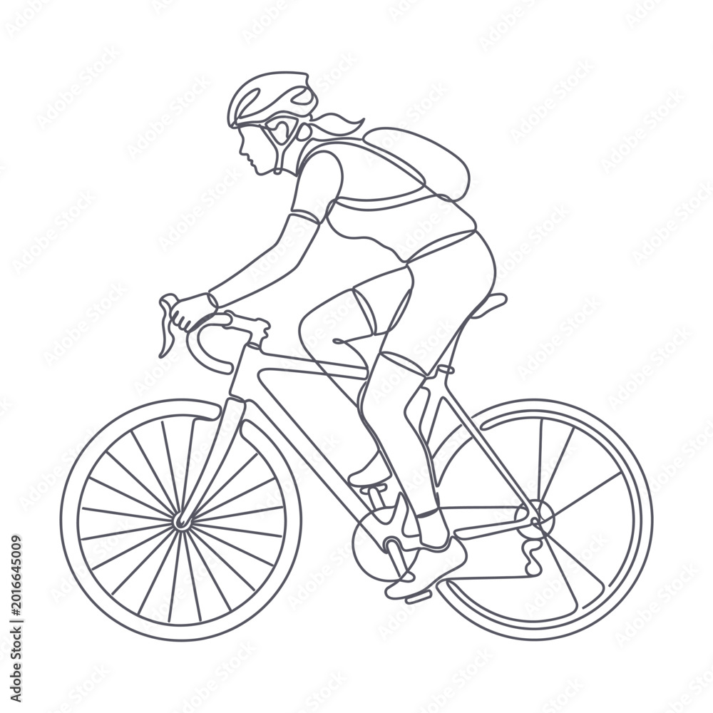 Naklejka premium vector line art illustration of a person riding a bicycle, isolated on white