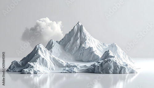Pixelated mountain range with snow and a single cloud, minimalist abstract landscape in white and grey tones, serene, tranquil atmosphere