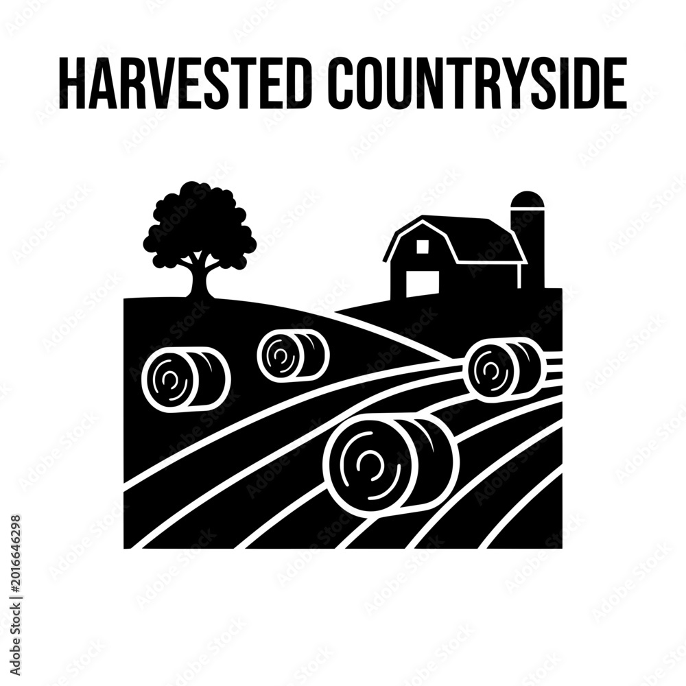 Obraz premium Harvested Countryside Silhouette Depicting Hay Bales and Barn.