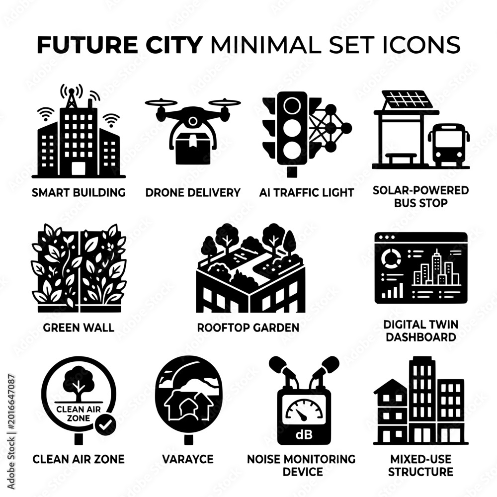 Naklejka premium Minimalist Icons Depicting Future City Concepts and Smart Technologies.