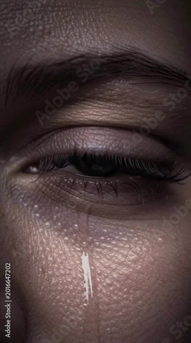 Close up of sad woman eye with tear falling in intense emotional pain moment