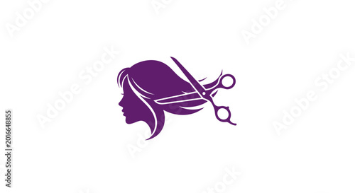 Purple hairdresser logo with scissors.