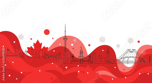 Photography Toronto Skyline Silhouette with Maple Leaf and Snowflakes, Canadian Winter Theme