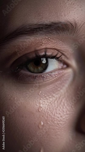 Close up of eye with tear falling in moment of sadness and intense emotion