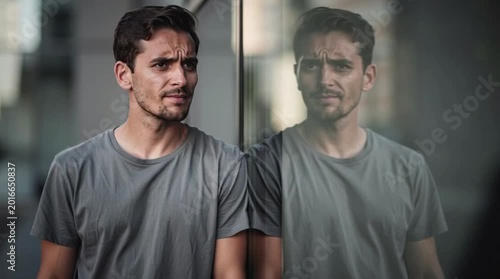 Sad man leaning against store window representing unemployment financial struggle and search for opportunity