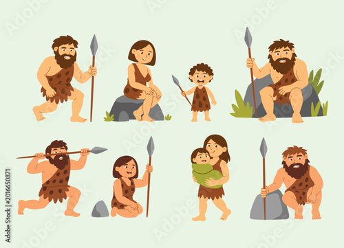 Photos Cartoon caveman family illustration collection, prehistoric stone age characters