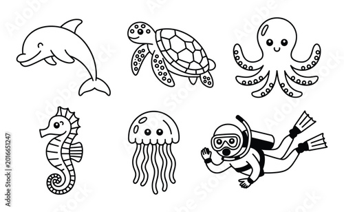 Photography cute marine animals doodle set, ocean life cartoon illustration collection, dolp