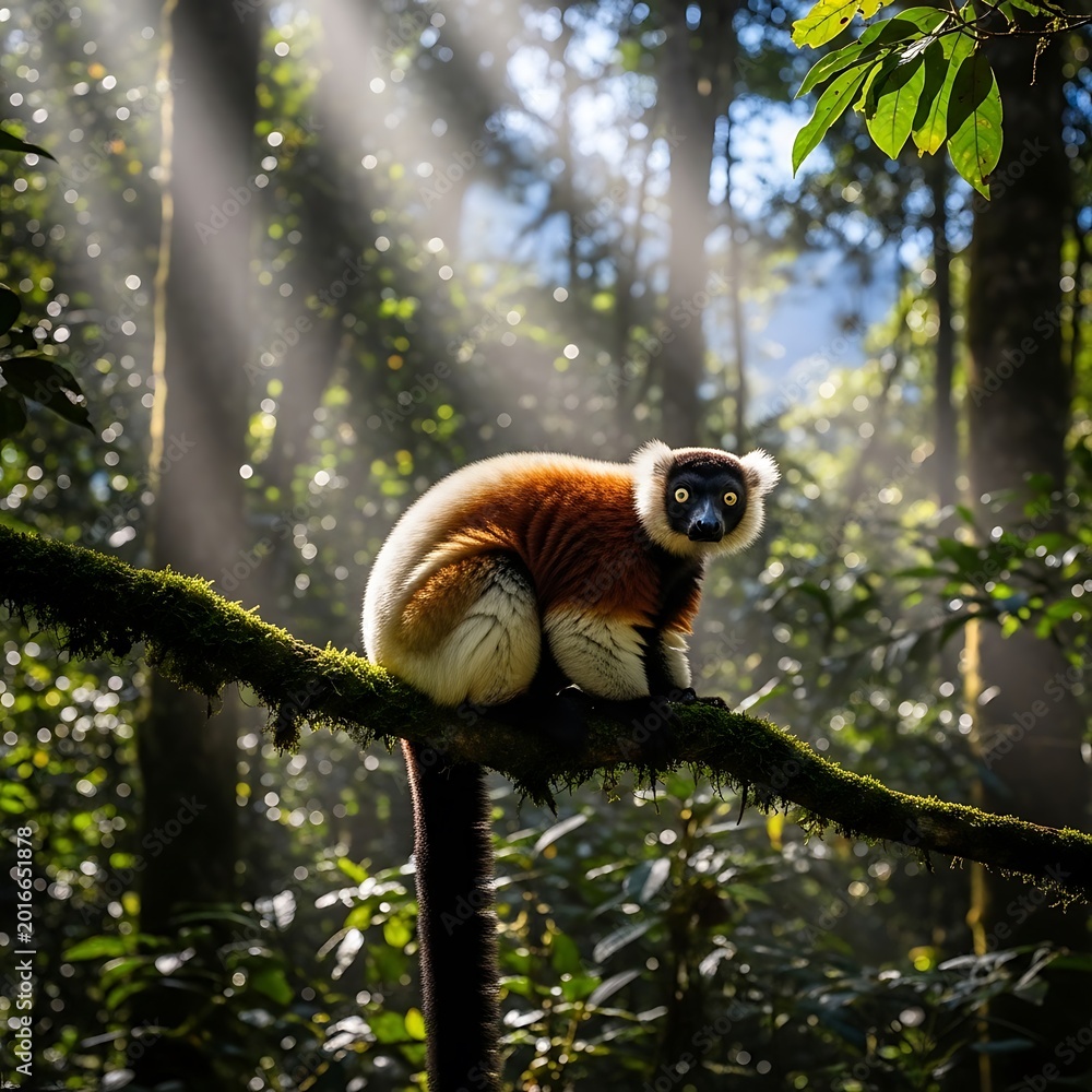Naklejka premium Red ruffed lemur sitting on branch.