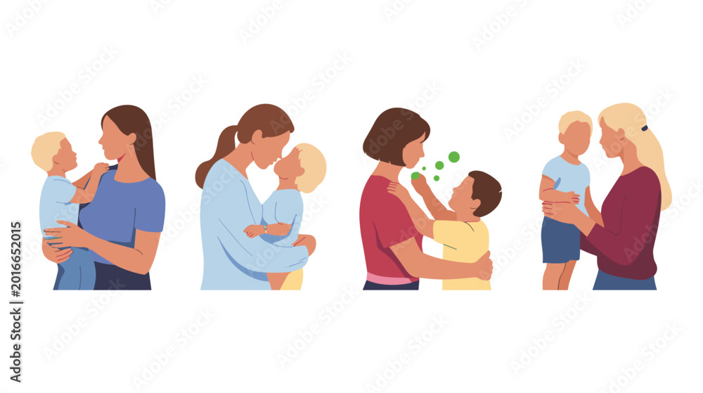 Αυτοκόλλητο Loving mothers comforting children, caring parent and kid relationship illustrat