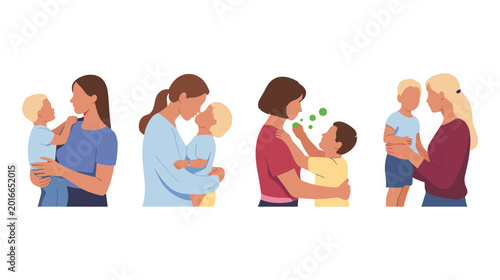Fotografie Loving mothers comforting children, caring parent and kid relationship illustrat