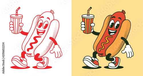 Photos Retro hot dog mascot character in color and line art style, vintage cartoon vect