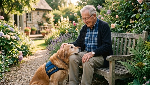 Elderly man sitting with service dog in garden
