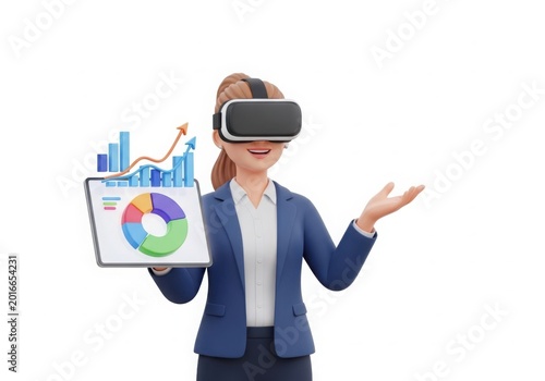 Professional woman using VR headset with data tablet