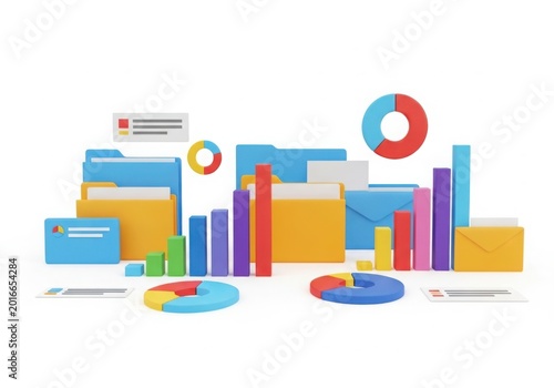 Colorful business analytics icons and charts collage