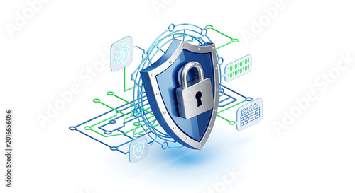 A shield with a padlock protects a circuit board from cyber threats.