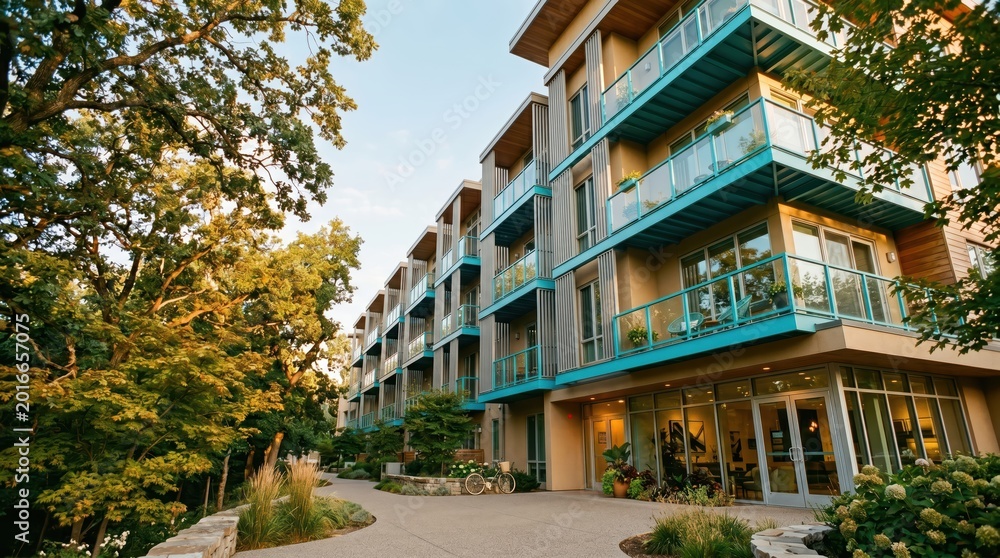Fototapeta premium Modern apartment building featuring balconies beside tree lined walkway