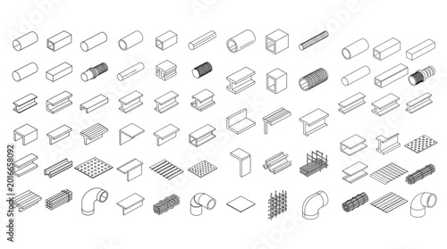 Isometric Metal Profile and Industrial Construction Material Technical Line Art Icon Set