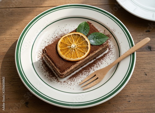 Slice of chocolate cake on a plate with orange and mint