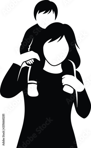 Black silhouette of woman carrying child on shoulders