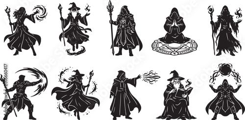 Foto Fantasy Mage Sorcerer Magic Spells Silhouette Vector Icon Set.