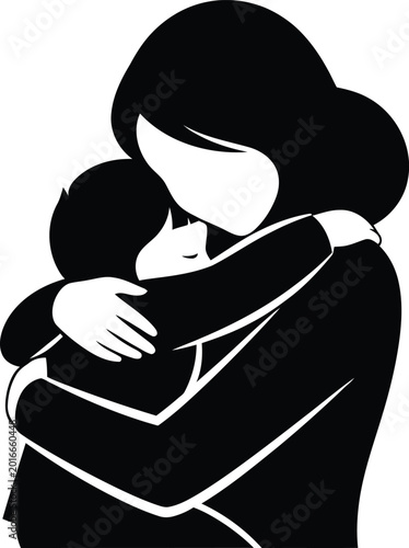 Mother hugging little child in black silhouette