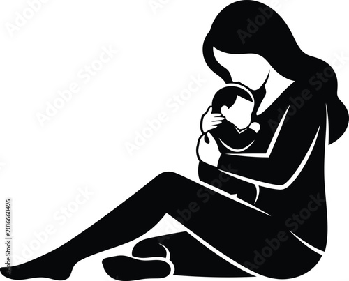 Black silhouette of a mother holding her baby