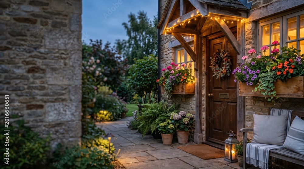 Fototapeta premium Cottage doorway adorned with lights and flower boxes on garden path