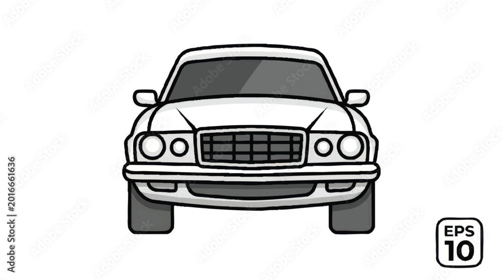 Fototapeta premium Front view of white classic sedan, simple vector drawing, retro car design, transportation illustration, vintage automobile icon, cartoon style vehicle, automotive art, old-fashioned transport.