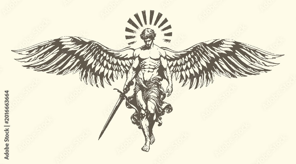 Fototapeta premium An angelic winged figure with a sword and halo vintage sketch celestial mythology religious guardian messenger illustration monochrome classical sunburst radiance strength protection