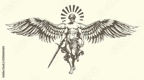 Tableau sur toile An angelic winged figure with a sword and halo vintage sketch celestial mytholog