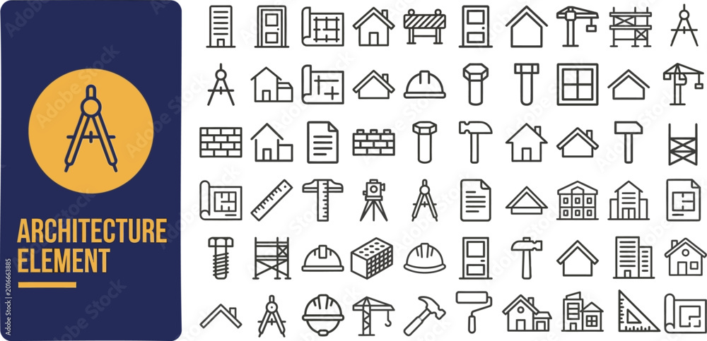 Obraz premium Architecture Element and Building outline icon set. Featuring column, arch, window, door, and facade symbols. Editable stroke vector icons for architect portfolio and real estate design.