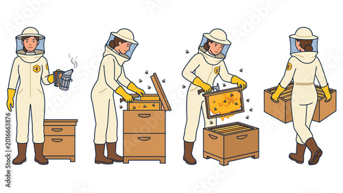 Fotografie Beekeeper character set in different poses and actions for honey farm branding projects