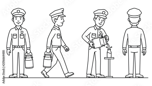Foto Milkman character set delivering fresh dairy products and pouring milk in line art vector