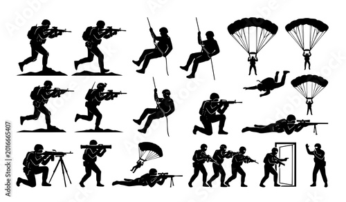 Tableau sur toile Dynamic soldier silhouette set combat military action vector illustration isolat