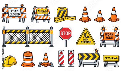 Cartoon traffic barricade and road closed vector illustration set for construction warning and safety design
