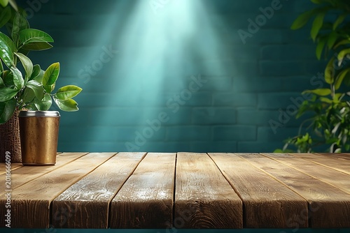 Bright Sunlight Streaming through Indoor Plants onto Wooden Table with Green Wall Background