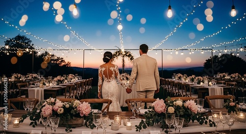 Romantic Wedding Ceremony Setup with Couple at Sunset.