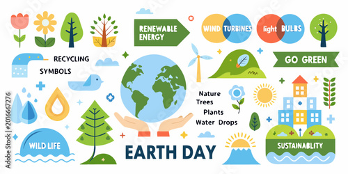 Earth Day Illustration Set with Renewable Energy and Nature Icons