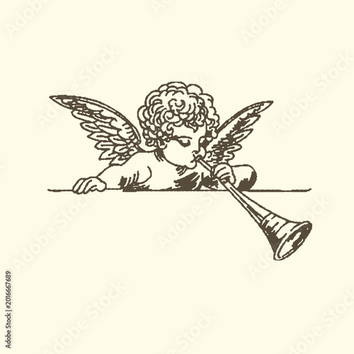 Принти на полотні Cherub blowing a trumpet vintage illustration style line art instrument illustra