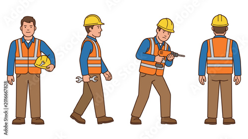 Bild auf Leinwand Construction worker holding hard hat and tools, frontal side and back views