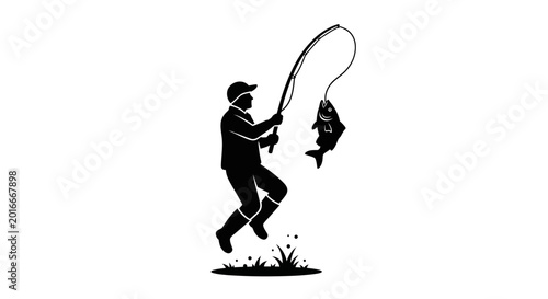 Φωτογραφία Angler silhouette catches a fish while wearing boots and holding a rod in a marshy environment